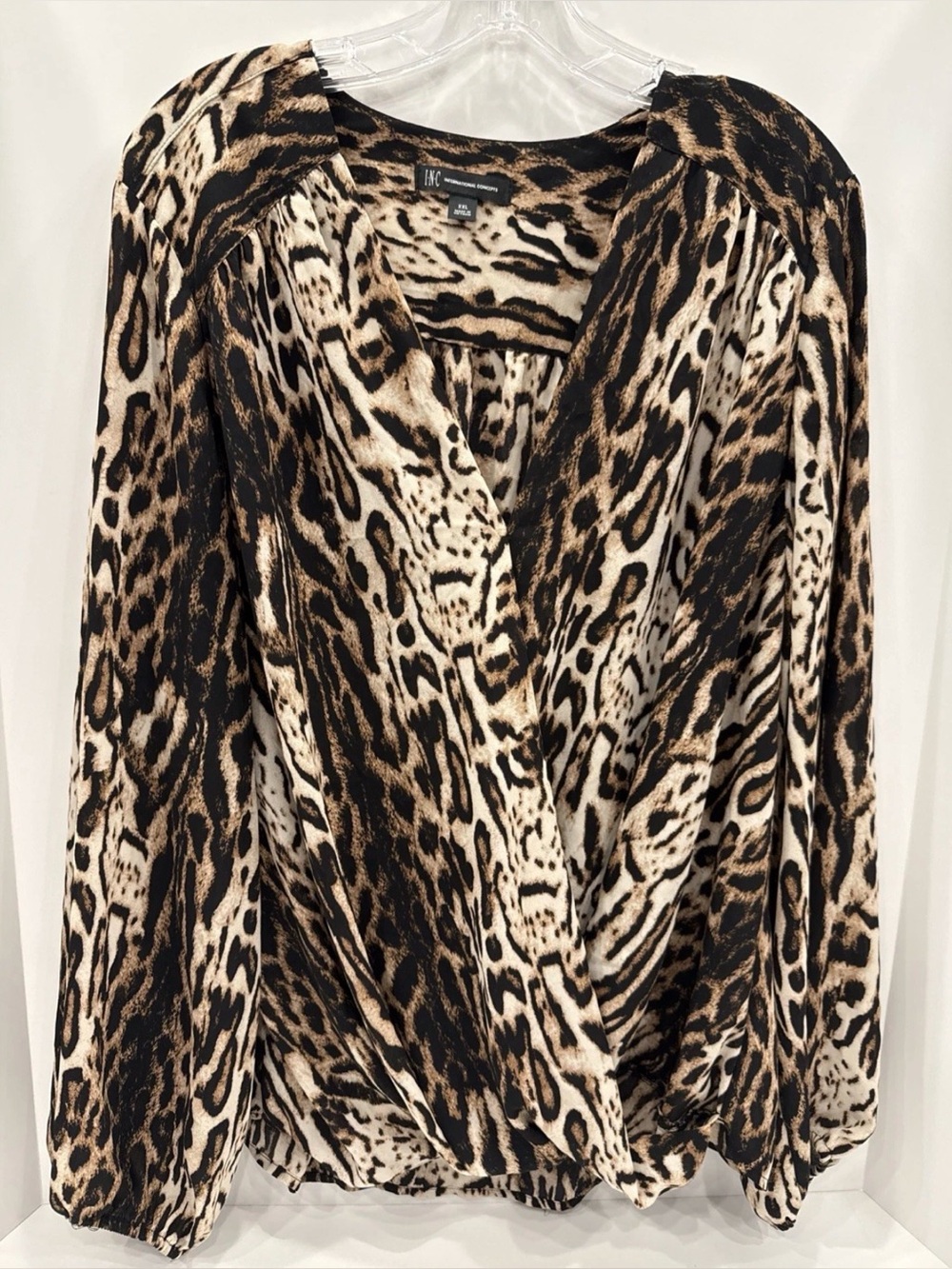 INC Women's XXL V-Neck L/S Pullover Blouse Boho Animal Print Black Multi